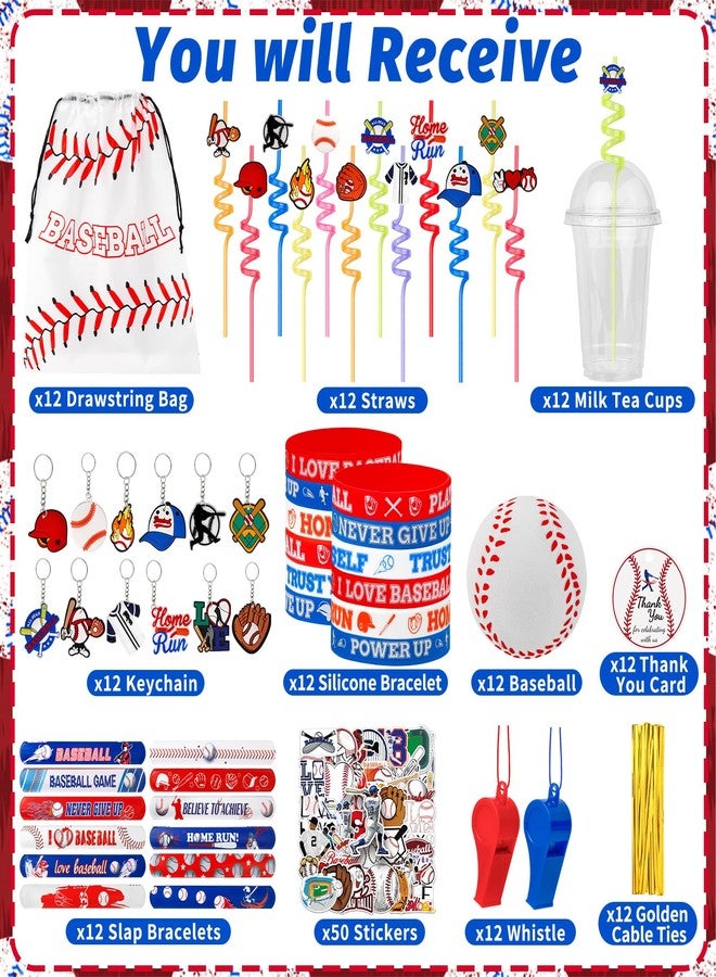 Japior 170 Pcs Baseball Party Favors Party Supplies Contains Baseball Goodie Bags Cups Straw Stickers Foam Baseballs Bracelets Keychains Thank You Tags - Ideal Baseball Birthday Party Supplies for Team - Image 2